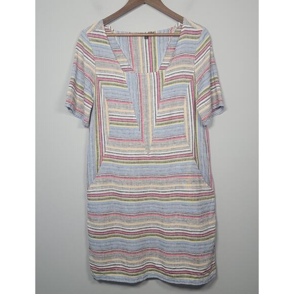 For Cynthia Womens L Linen Blend Stripe Dress Square Neck Short Sleeve - Picture 1 of 8